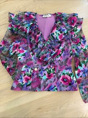 VTG 70s 80s Pat Richards Floral Ruffle Chiffon Blouse Jacket ILGWU Size 6